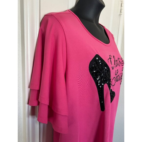 Classy Sassy Pink Top With Sequin Heel Graphic & Flutter Sleeves  SIZE 22 - Picture 5 of 9